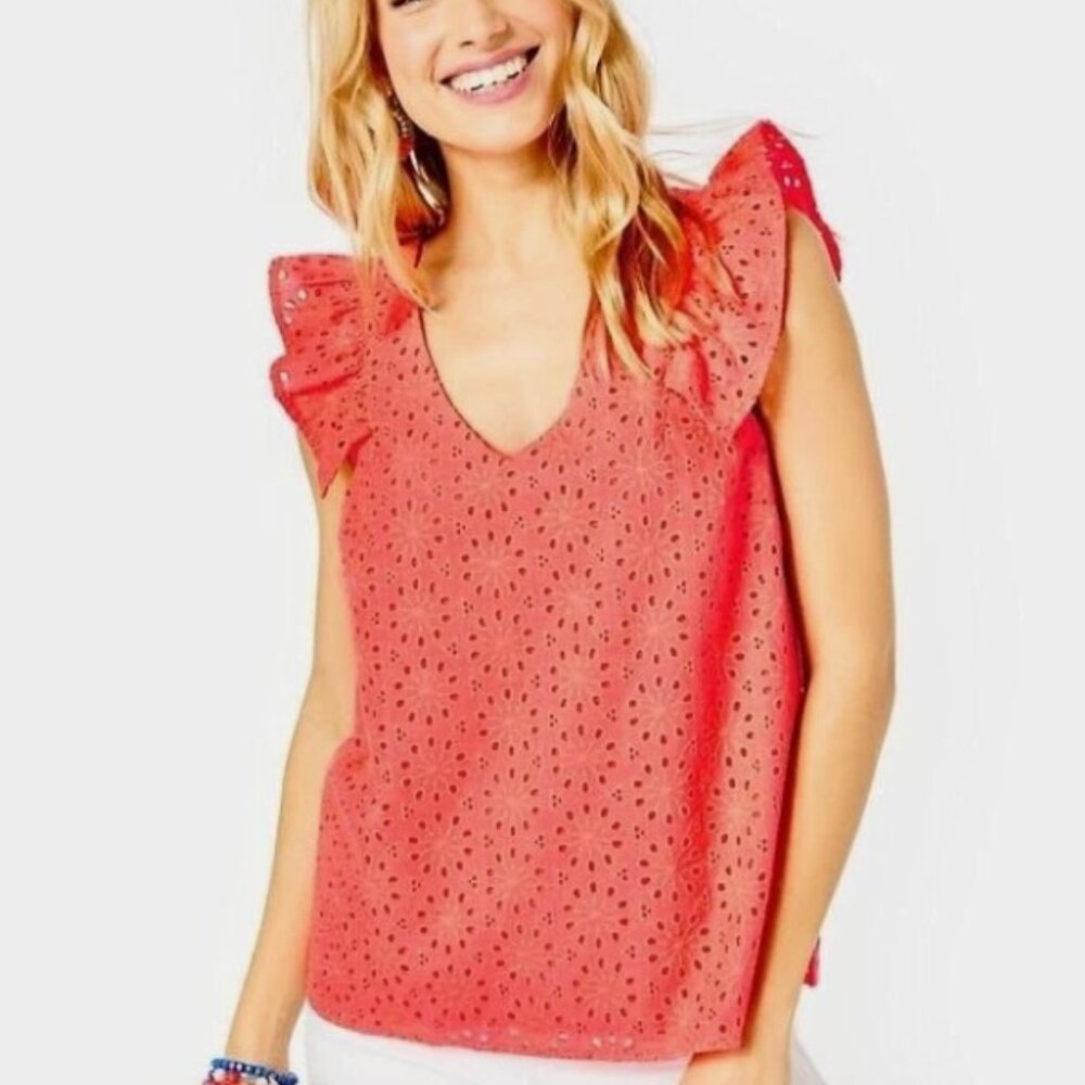 Lilly Pulitzer Coral Eyelet Ruffle Sleeve Blouse